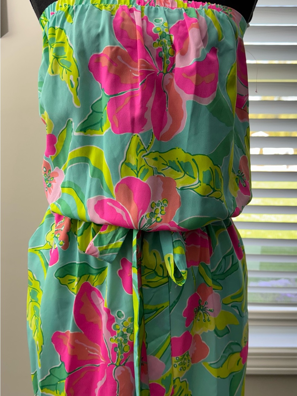 Lilly Pulitzer Aqua Strapless Floral Romper with Pink and Lime Blooms